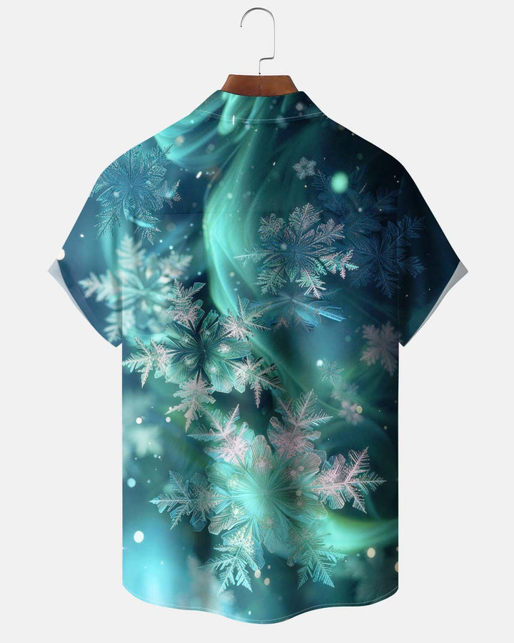 Alohadaddy® Men’s Short-Sleeve Button-Down Cardigan Shirt with Vintage Christmas Snowflake Print and Pocket