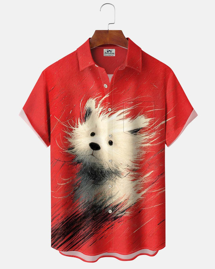 Alohadaddy® Men’s Short-Sleeve Button-Down Shirt  Casual Style with Puppy Print, Art-Inspired Design, and Pocket