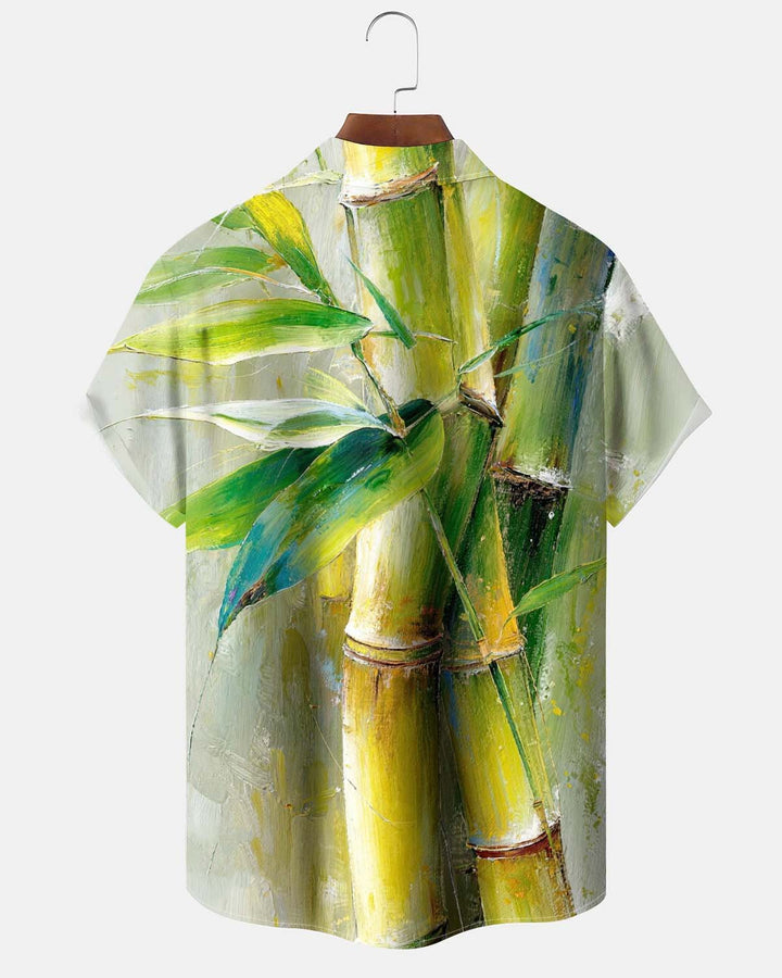 Alohadaddy® Men’s Short-Sleeve Button-Down Shirt with Bamboo Print Featuring a Chest Pocket