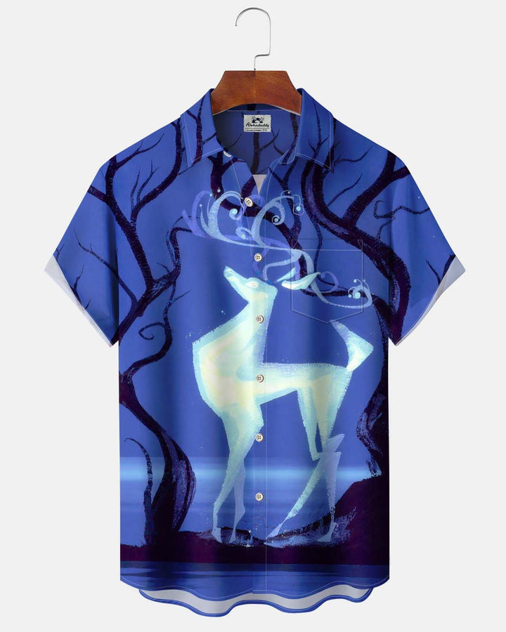 Alohadaddy® Men’s Short-Sleeve Button-Down Shirt Vintage-Style Luminous Deer Print with Pocket