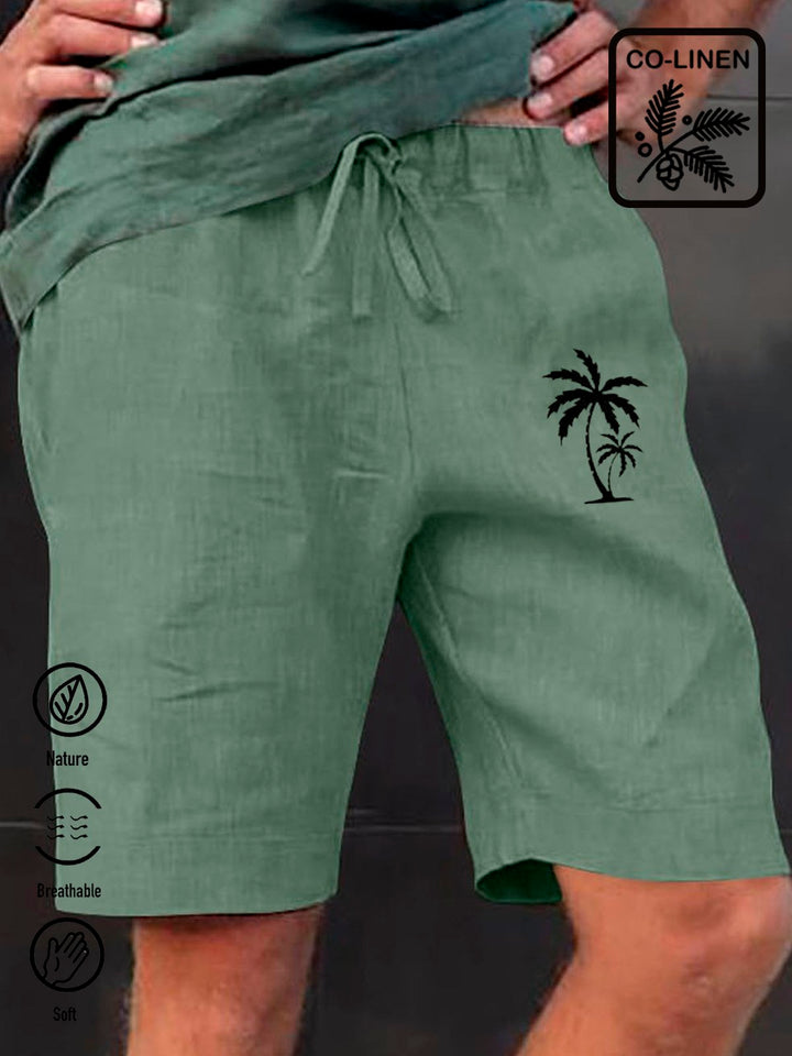 Alohadaddy flax coconut tree print breathable moisture absorption casual shorts
