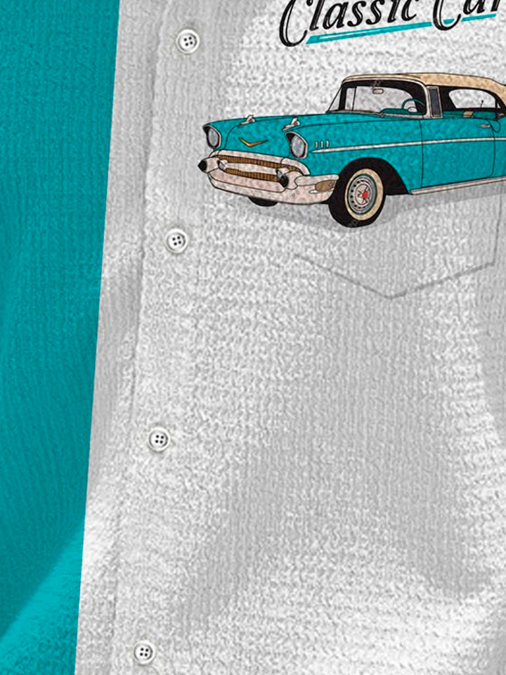 Camisa de manga corta con bolsillo abotonado y estampado digital 3D de coches clásicos retro para hombre de Alohadaddy, talla grande y alta
