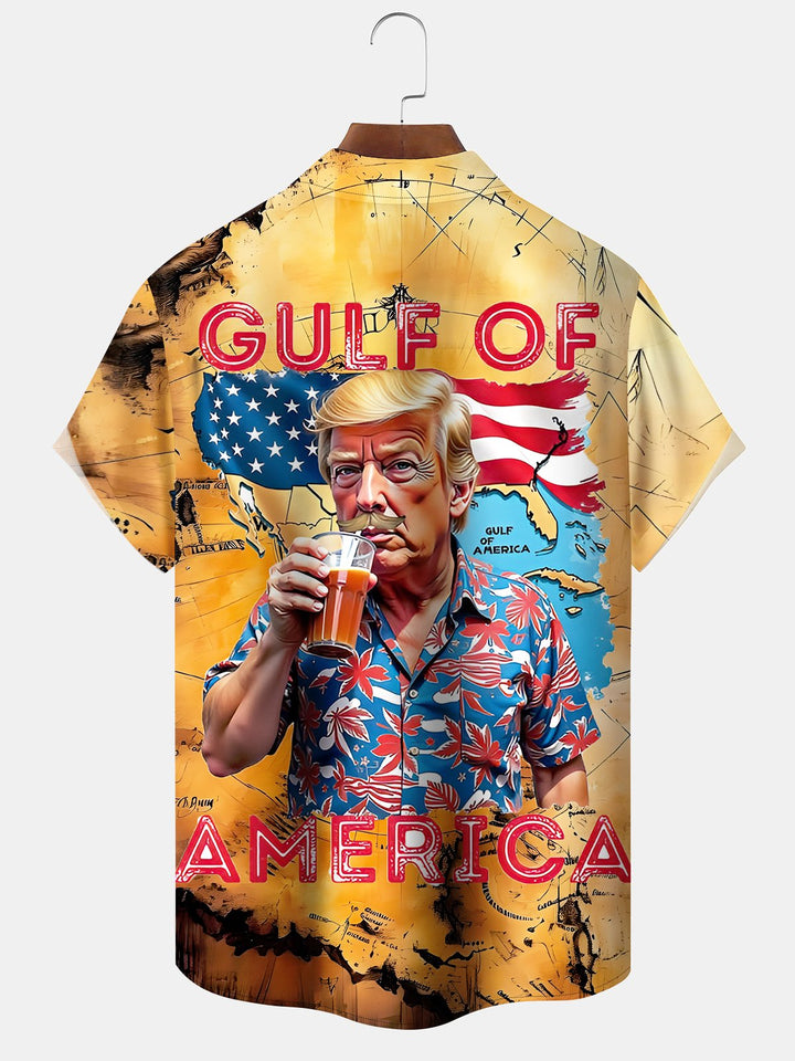 Alohadaddy Vintage Hawaiian Trump Print Art Pocket Button Stretch Oversized Shirt