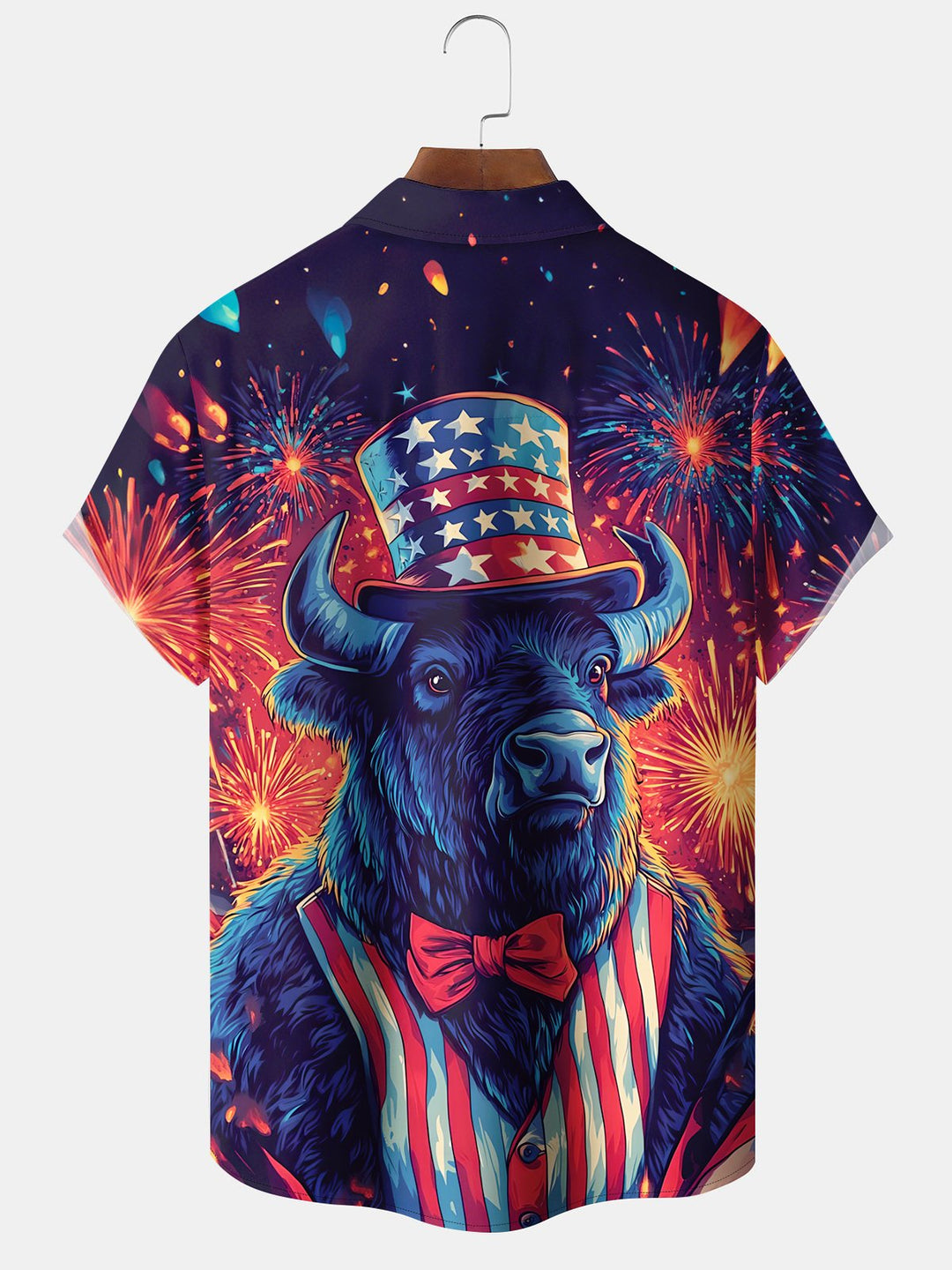 Alohadaddy Holiday Collection Independence Day Bull Button Cardigan Pocket Stretch Oversized Polyester Short Sleeve Shirt