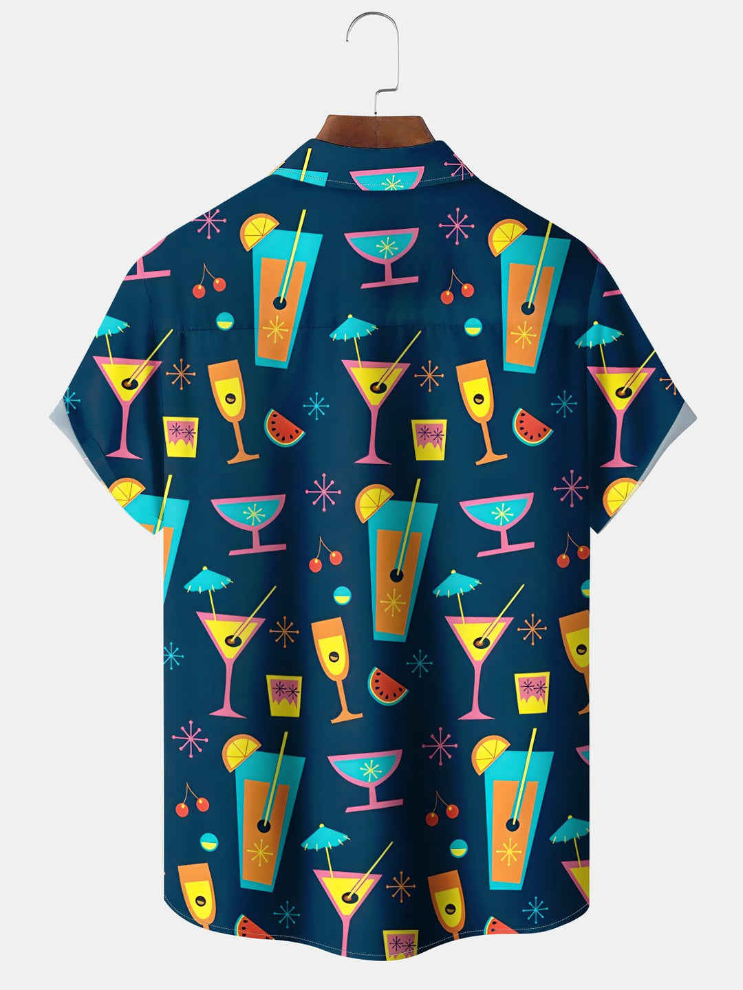 Alohadaddy Hawaiian Wine Glass Contrasting Color Print Art Buttons Cardigan Pockets Stretch Oversize Short Sleeve Shirt