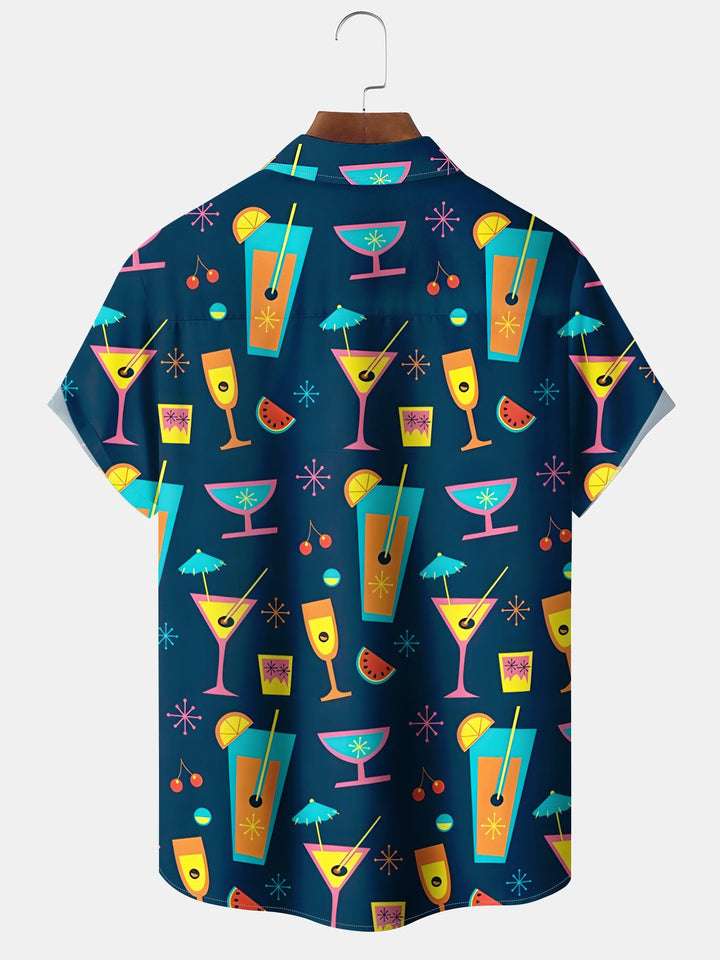 Alohadaddy Hawaiian Wine Glass Contrasting Color Print Art Buttons Cardigan Pockets Stretch Oversize Short Sleeve Shirt
