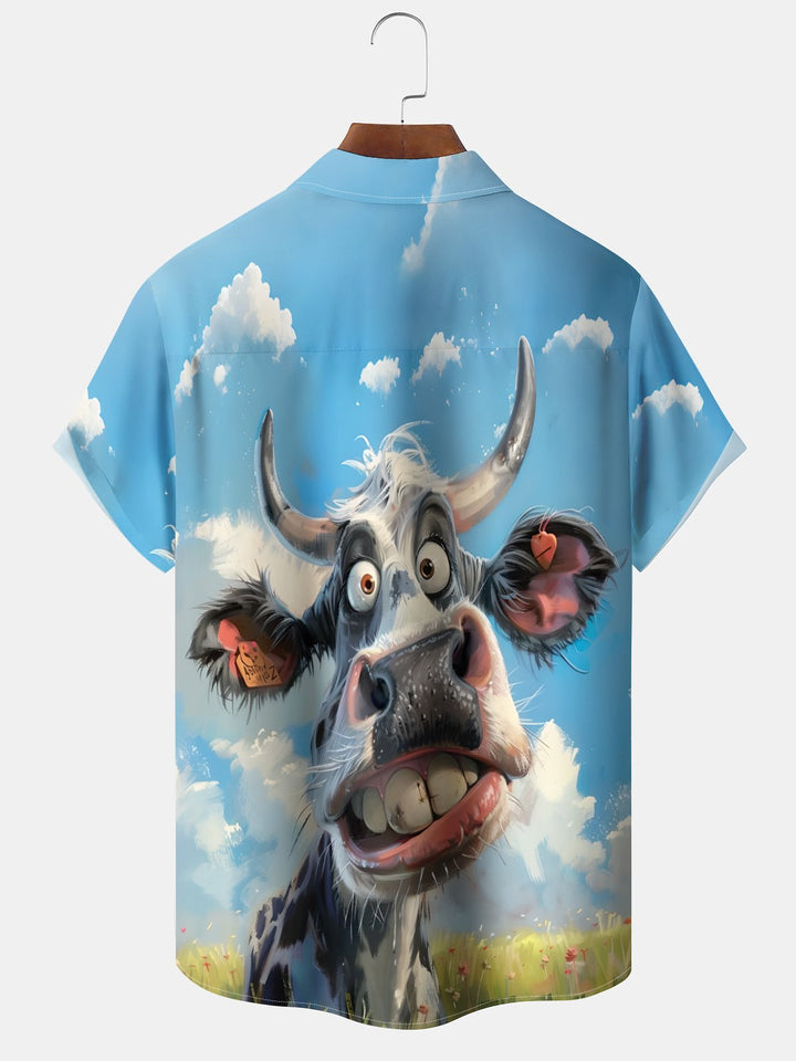 Alohadaddy Hawaiian Cow Print Art Button Cardigan Pockets Stretch Oversized Polyester Short Sleeve Shirt