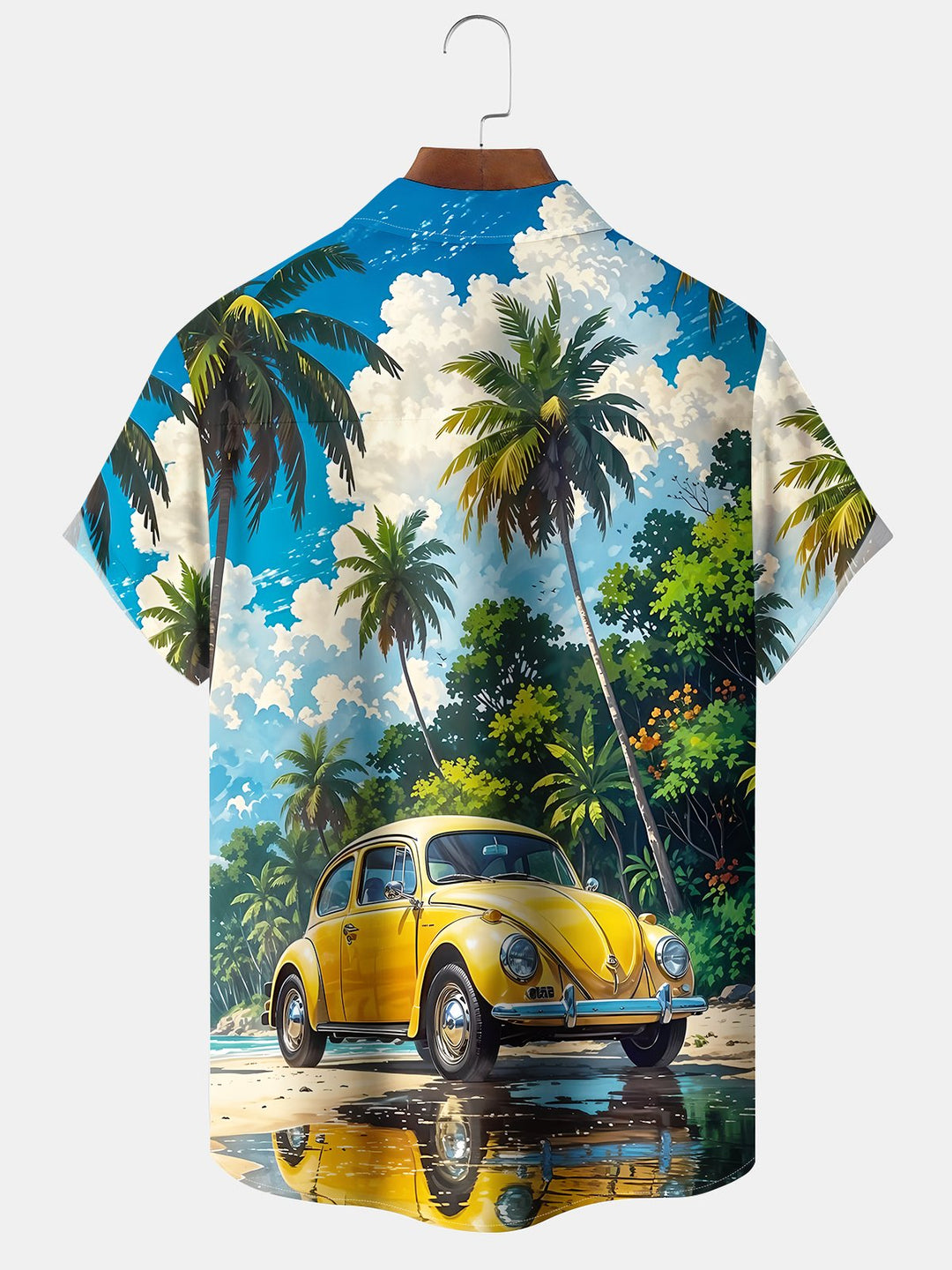 Alohadaddy Hawaii Casual Car Palm Trees Print Art Button Pocket Cardigan Stretch Large Size Short Sleeve Shirt
