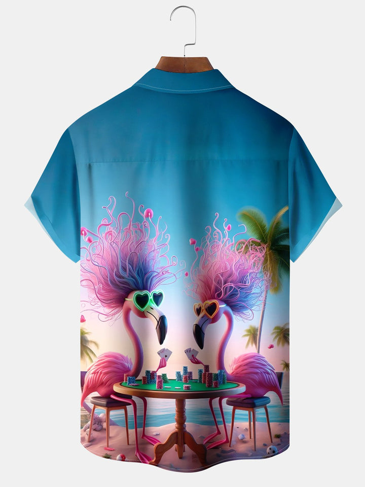 Alohadaddy Casual Collection Hawaiian Vacation Flamingo Print Art Button Cardigan Pockets Fresh Stretch Polyester Short Sleeve Shirt