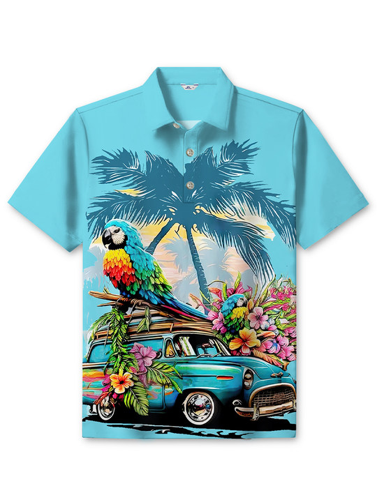 Alohadaddy Casual Everyday Hawaii Parrot Car Print Art Stretch Large Size Button Short Sleeve Polo Shirt