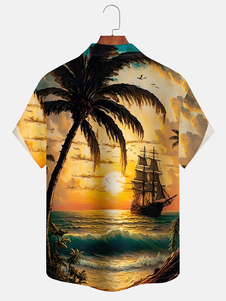Alohadaddy Hawaiian Vacation Beach Boat Print Art Button Cardigan Pocket Polyester Stretch Cuban Collar Large Size Long Short Sleeve Shirt