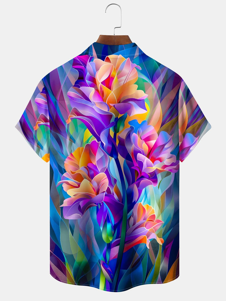 Alohadaddy Casual Everyday Hawaiian Geometric Flowers Blocked Art Print Polyester Pocket Cardigan Stretch Long Oversized Short Sleeve Shirt