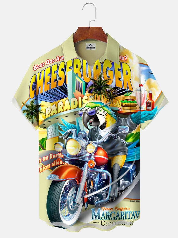 Alohadaddy Casual Parrot Motorcycle Art Print Moisture Wicking Chest Pocket Hawaiian Short Sleeve Shirt