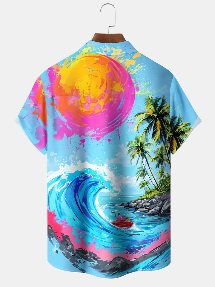 Alohadaddy® Casual Beach Vacation Abstract Art Print Art Chest Pocket Large Size Long Hawaiian Men&