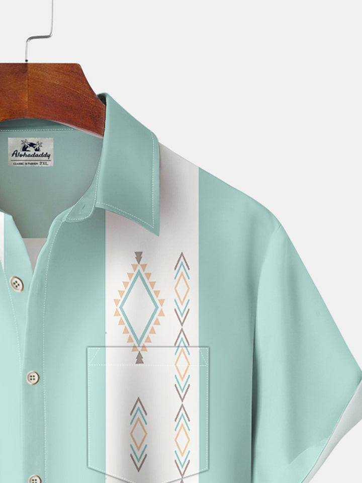 Alohadaddy® Casual Stripe Geometric Print Art Chest Pocket Elastic Oversized Hawaiian Cuban Collar Shirt