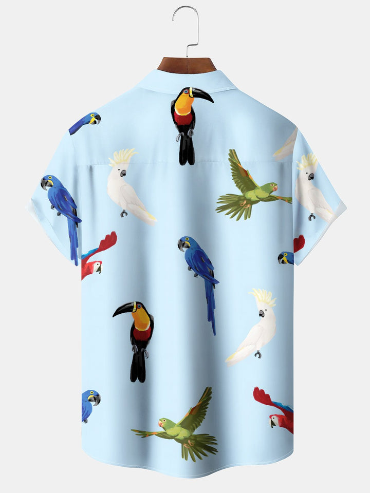 Alohadaddy® Casual Parrot Art Print Pockets Moisture Wicking Oversized Stretch Hawaiian Shirt
