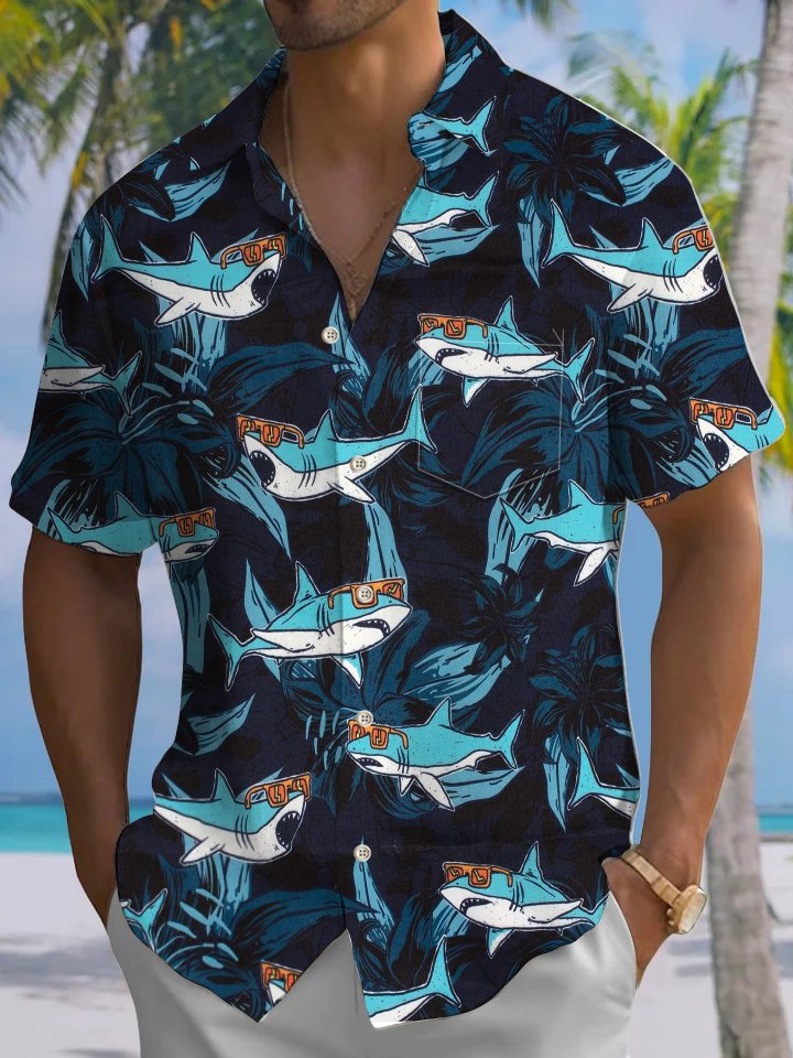 Alohadaddy® Shark Palm Trees Art Print Pockets Moisture Wicking Hawaiian Shirt Big &amp; Tall