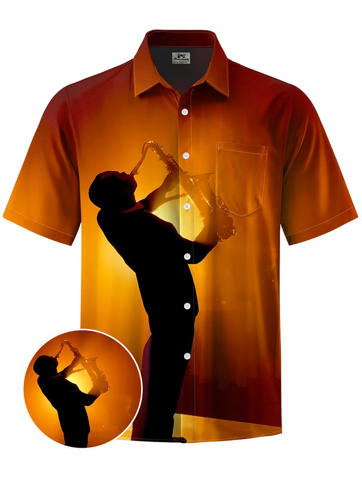 Alohadaddy® Casual Vintage Jazz Print Art Chest Pocket Men Short Sleeve Shirt Big &amp; Tall