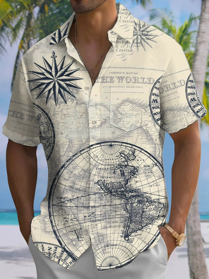 Alohadaddy® Vintage Nautical Art Print Chest Pocket Men&