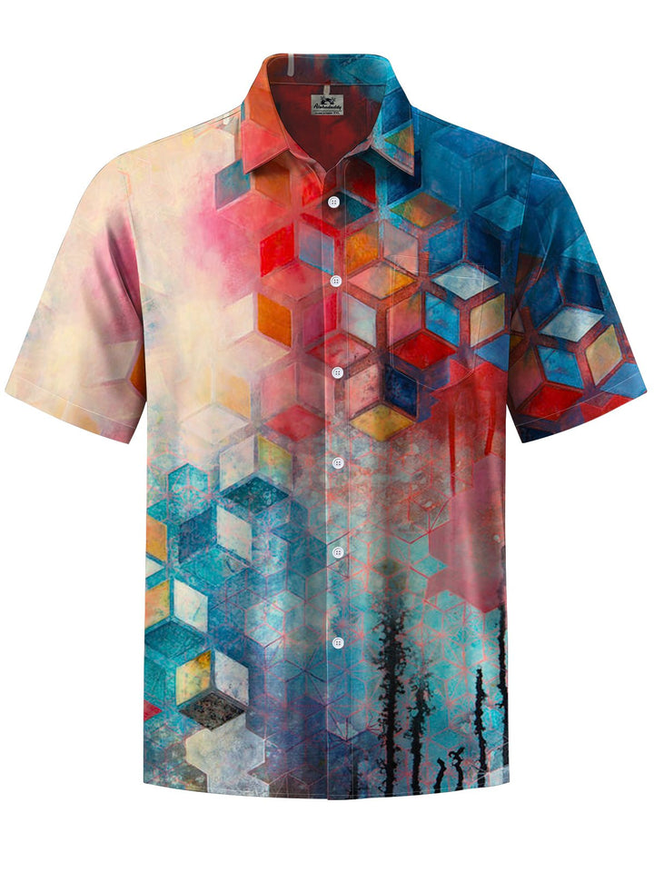 Alohadaddy® Casual Geometric Art Print Chest Pocket Stretch Men&
