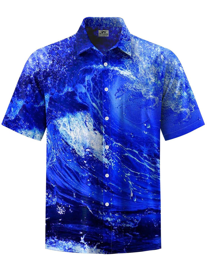 Alohadaddy® Casual Wave Art Print Chest Pocket Stretch Men&