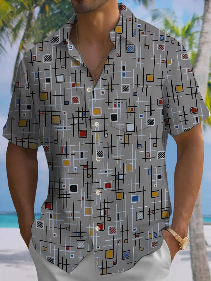 Alohadaddy® Retro Geometric Print Stretch Pocket Button Men&