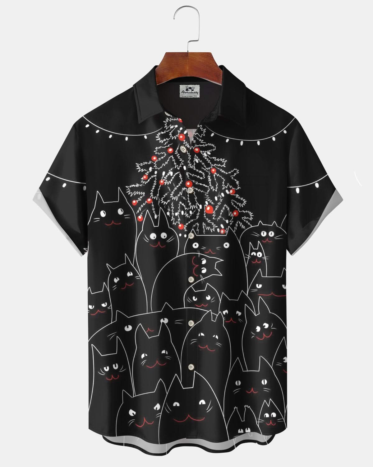 Alohadaddy® Christmas Cat Christmas Tree Stick Figure Pocket Elastic Button Men's Short Sleeve Shirt Big & Tall