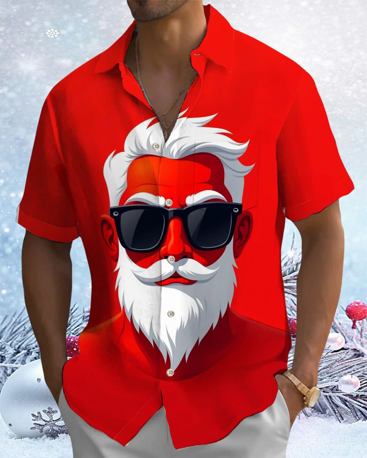 Alohadaddy® Holiday Santa Claus Portrait Printed Pocket Button Men's Short Sleeve Shirt Big & Tall