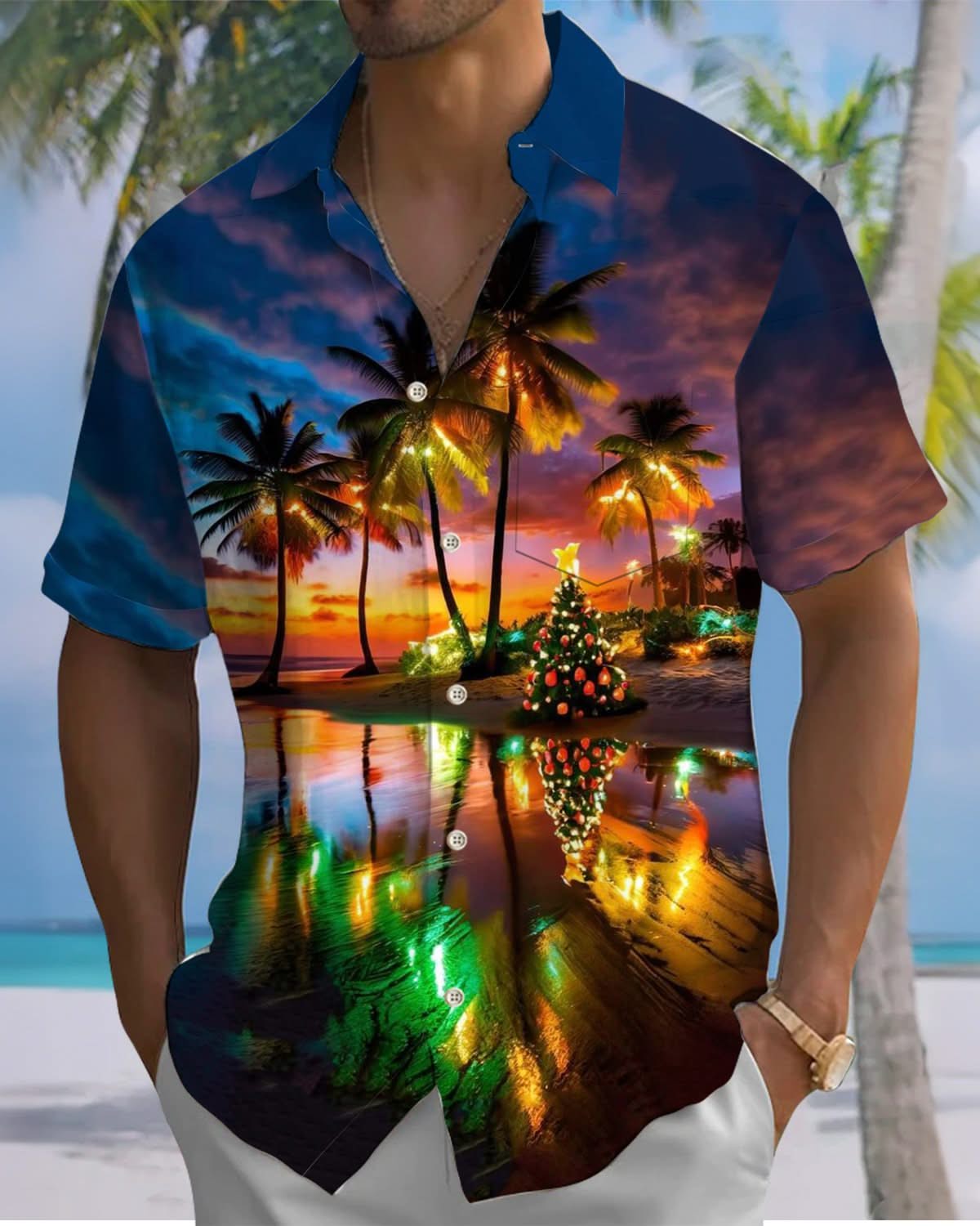 Alohadaddy® Christmas Hawaiian Beach Vacation Printed Pocket Elastic Button Men's Short Sleeve Shirt Big & Tall