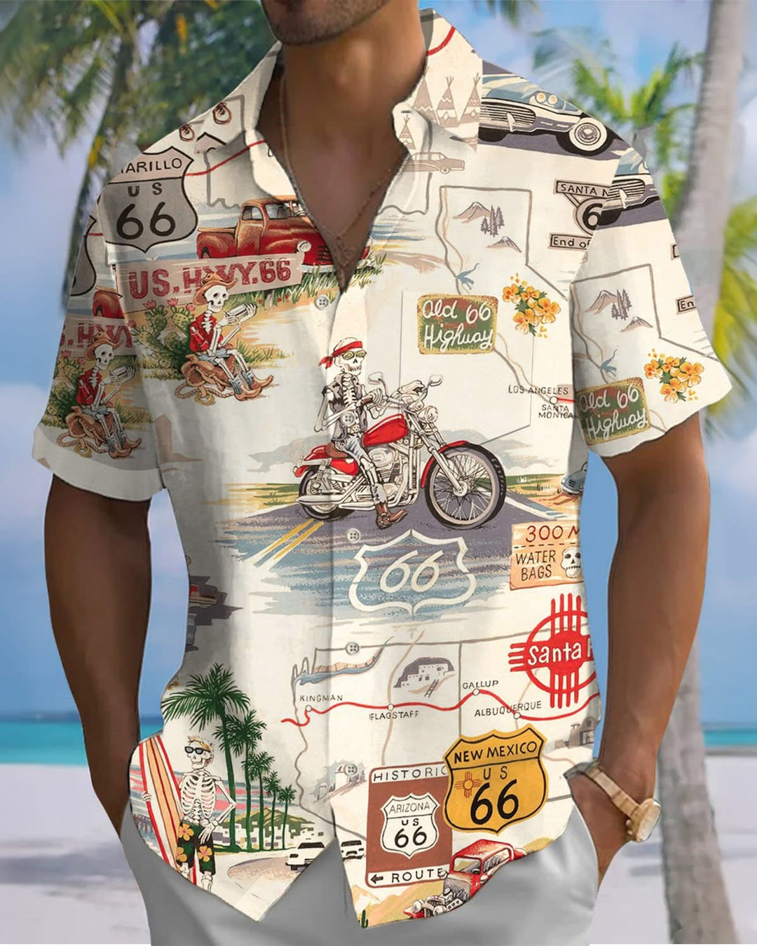 Alohadaddy® Retro Route 66 Skull Cartoon Print Art with Pockets and Buttons Men&