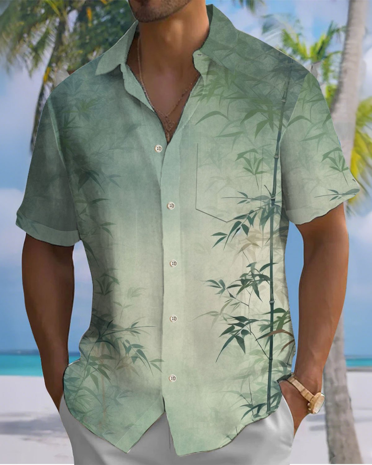 Alohadaddy® Vintage Bamboo Leaf Print Art Pocket Stretch Men's Short-Sleeve Shirt Big & Tall