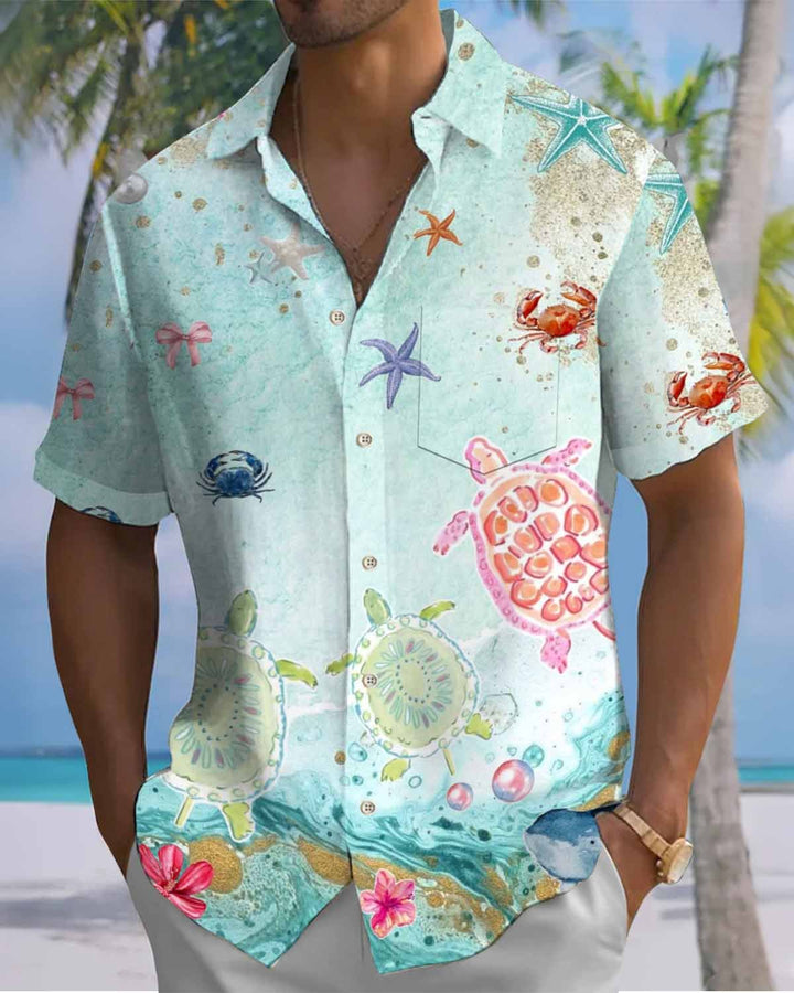 Alohadaddy® Hawaiian Turtle Print Art Pocket Button Cardigan Men&