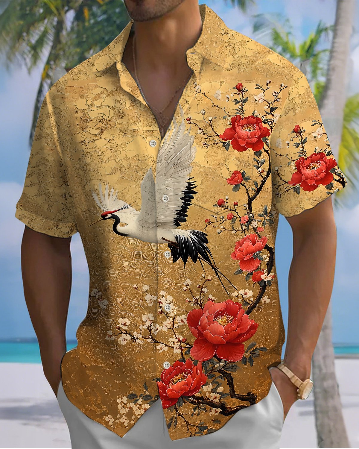 Alohadaddy® Vintage Crane Print Art Button Pocket Cardigan Men's Short Sleeve Shirt Big & Tall