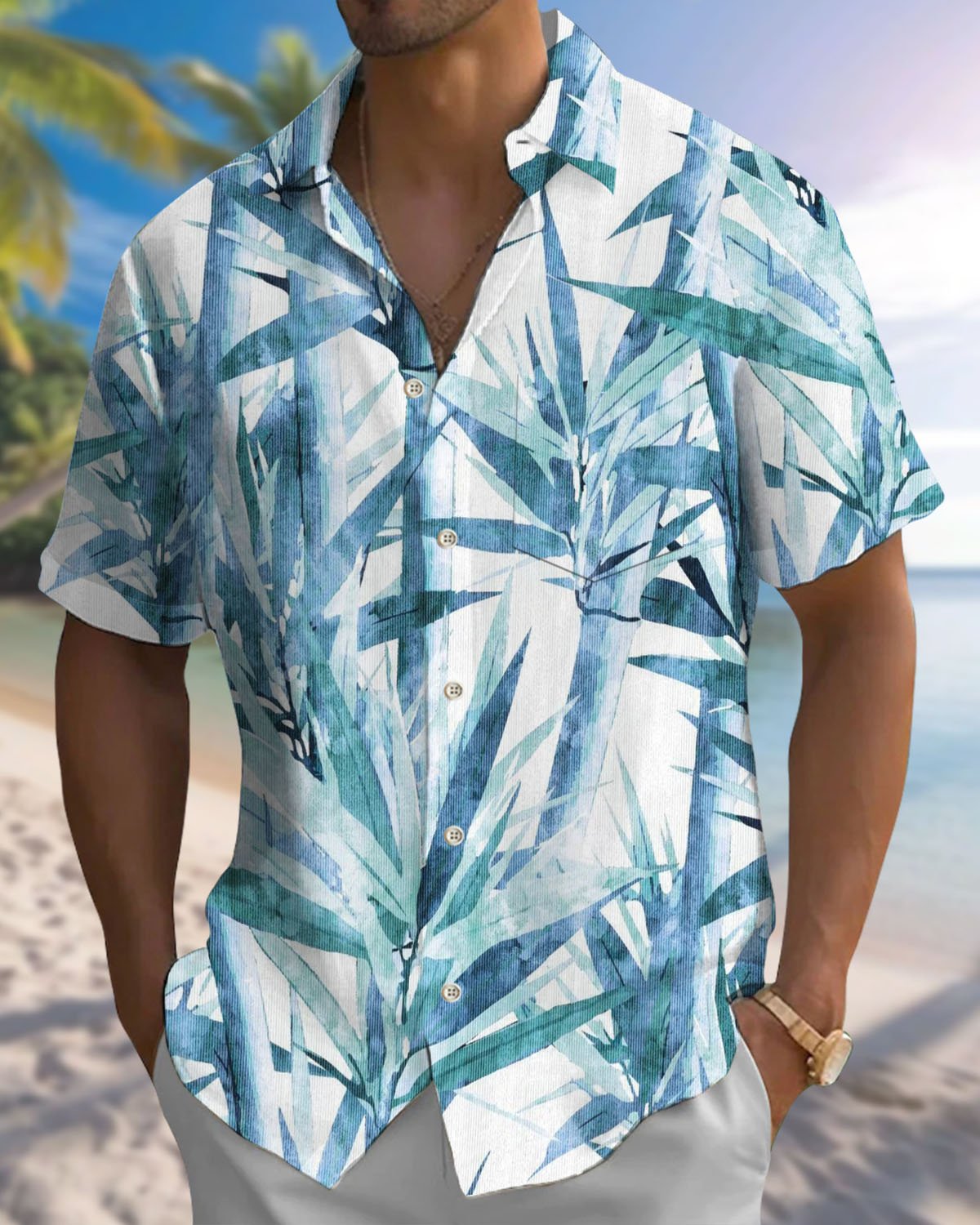 Alohadaddy® Casual Bamboo Print Artistic Button Pocket Cardigan Men's Short Sleeve Shirt Big & Tall