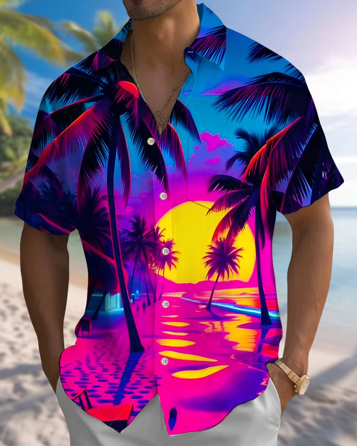 Alohadaddy® Hawaiian Palm Tree Print Art Button Pocket Cardigan Men's Short Sleeve Shirt Big & Tall