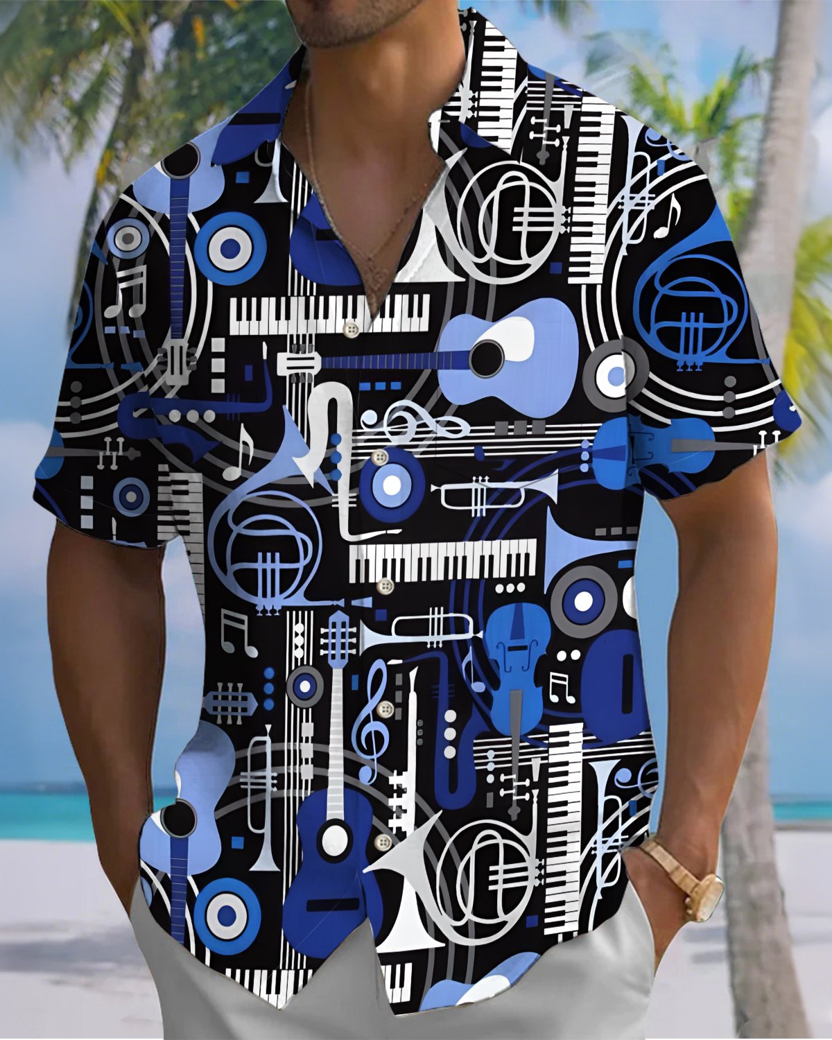 Alohadaddy® Casual Music Print Art Cardigan Men's Short Sleeve Shirt Big & Tall