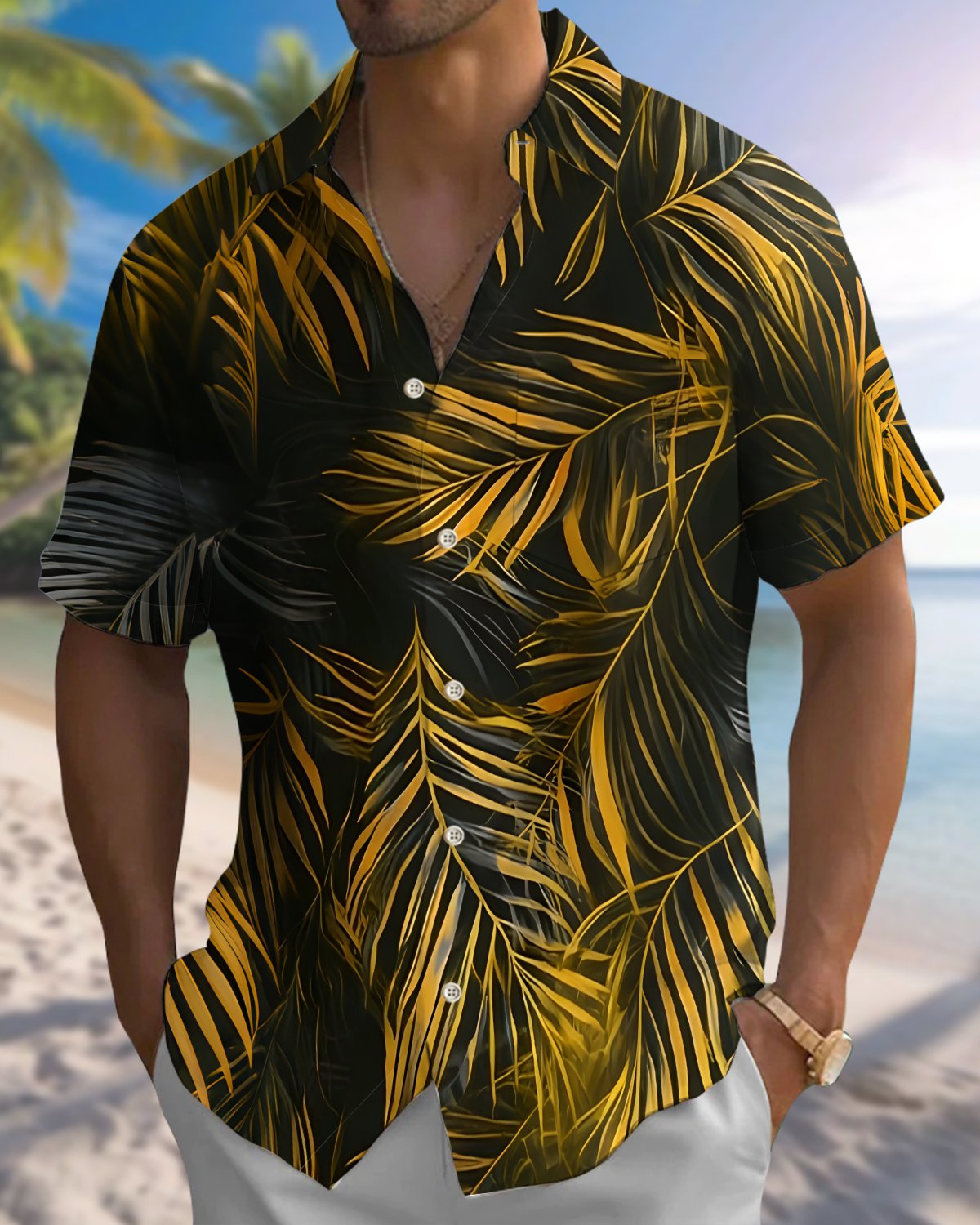 Alohadaddy® Hawaiian Palm Leaf Print Art Button Pocket Cardigan Men's Short Sleeve Shirt Big & Tall