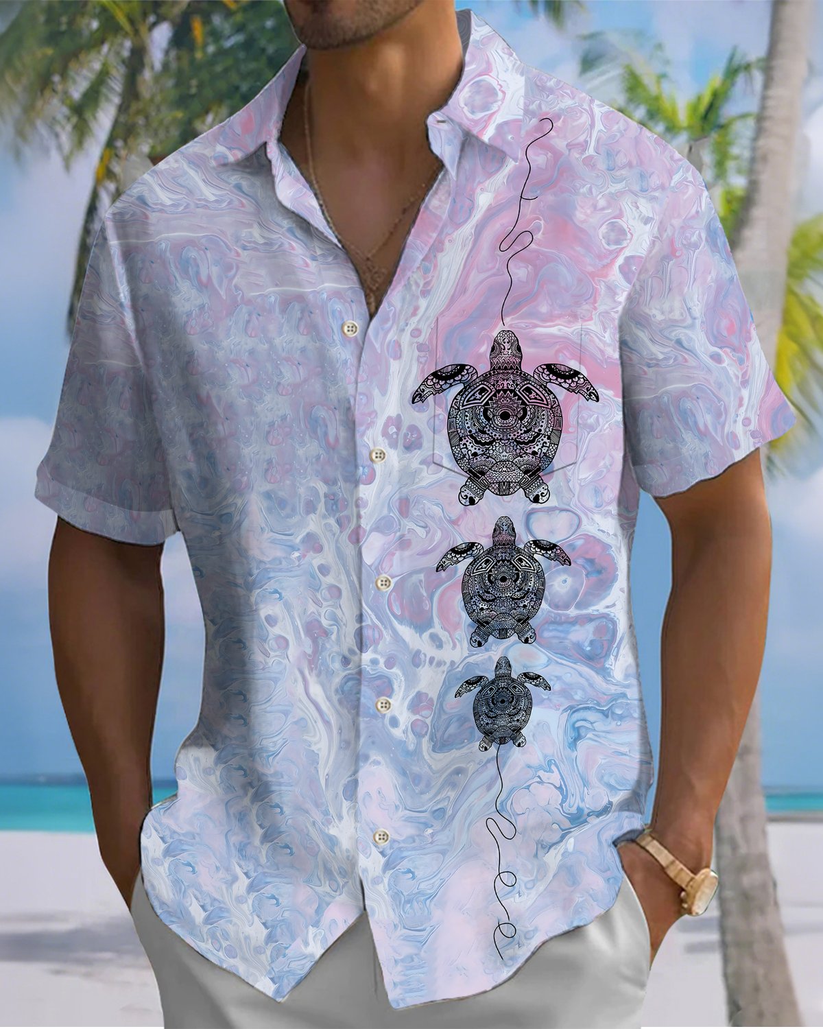 Alohadaddy® Hawaiian Turtle Print Art Button Pocket Cardigan Men's Short Sleeve Shirt Big & Tall