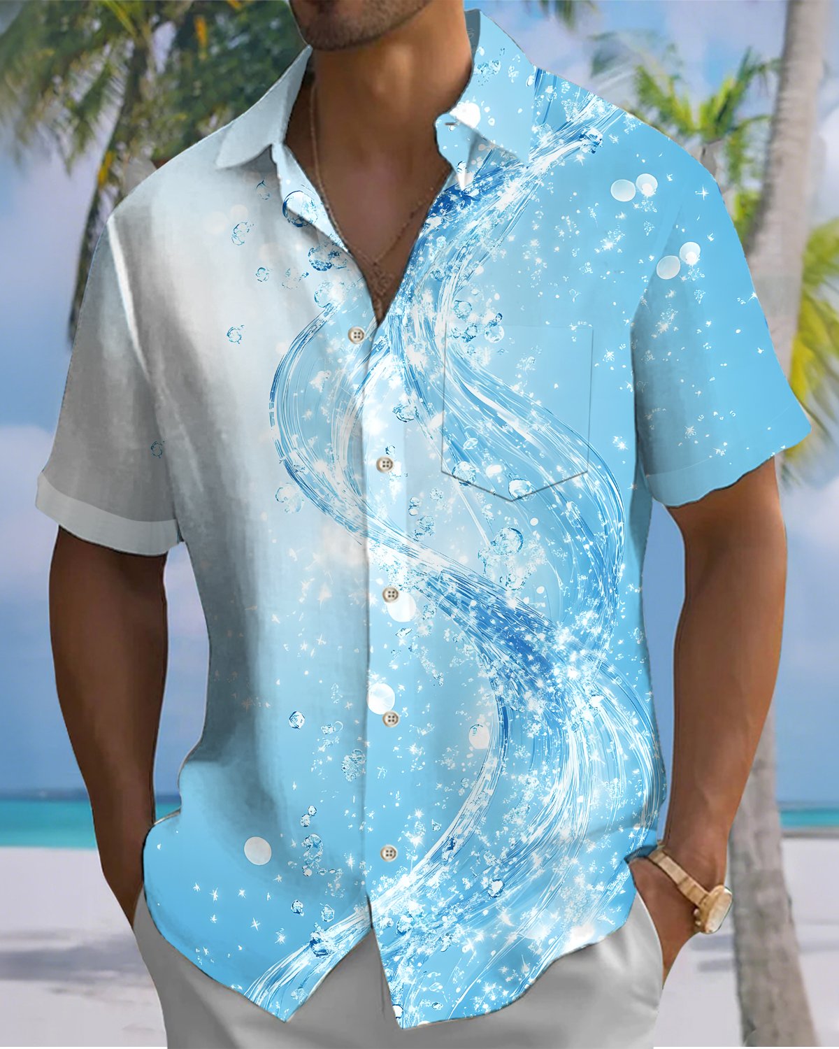 Alohadaddy® Hawaiian Water Splash Print Art Button Pocket Cardigan Men's Short Sleeve Shirt Big & Tall