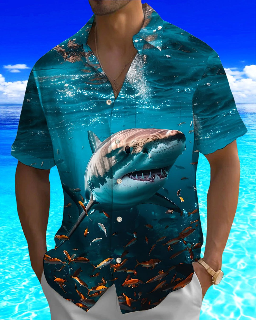 Alohadaddy® Hawaiian Shark Print Art Button Pocket Cardigan Men&