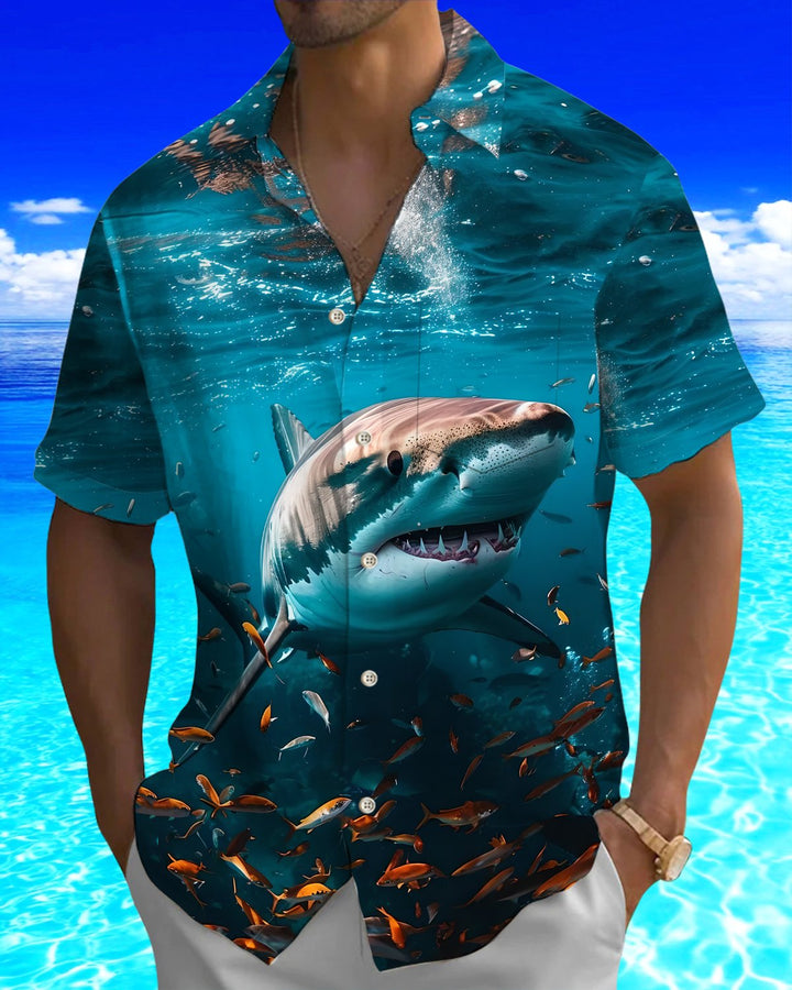 Alohadaddy® Hawaiian Shark Print Art Button Pocket Cardigan Men&