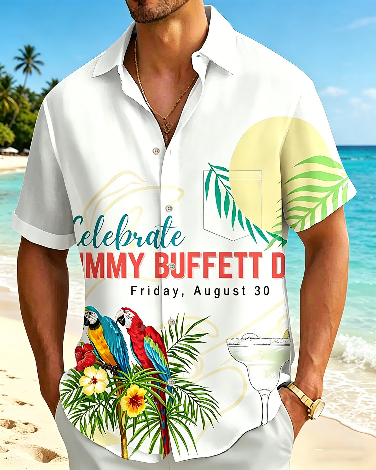 Alohadaddy® Hawaiian Parrot Print Art Button Pocket Cardigan Men's Short Sleeve Shirt