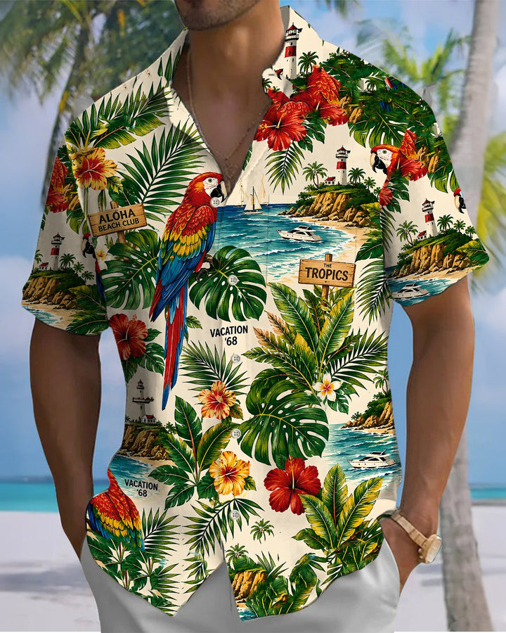 Alohadaddy® Hawaiian Palm Tree Print Art Button Pocket Cardigan Men&