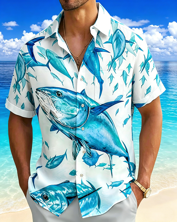 Alohadaddy® Hawaiian Tuna Print Art Button Pocket Cardigan Men&