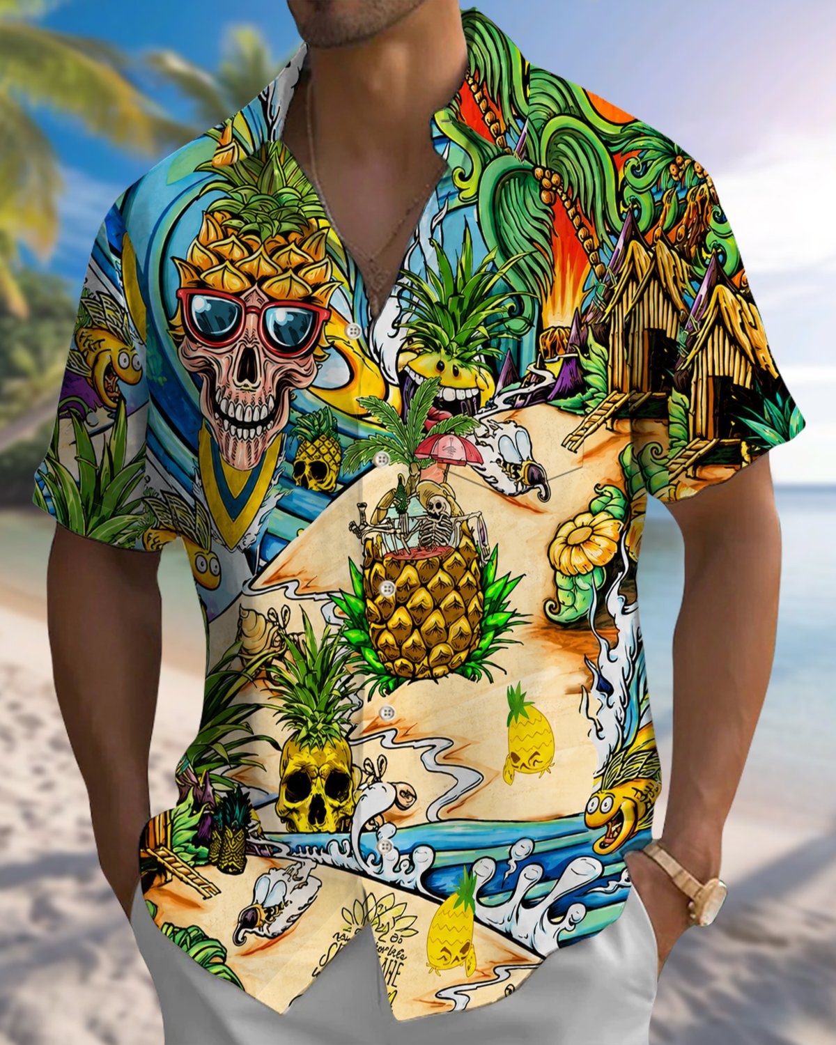 Alohadaddy® Hawaiian Pineapple Print Art Button Pocket Cardigan Men's Short Sleeve Shirt