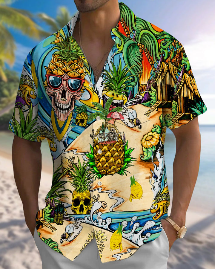 Alohadaddy® Hawaiian Pineapple Print Art Button Pocket Cardigan Men&