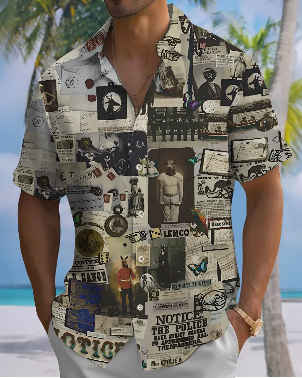 Alohadaddy® Men's Short-Sleeve Button-Down Cardigan Shirt with Pocket and Vintage Poster-Style Print