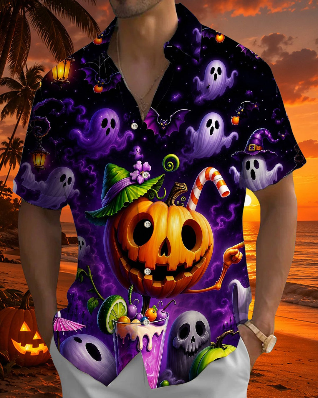 Alohadaddy® Holiday Halloween Graphic Print Button-Down Pocket Cardigan-Style Men&