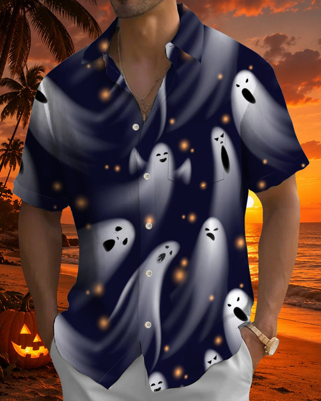 Alohadaddy® Holiday Halloween Graphic Print Button-Down Pocket Cardigan-Style Men&