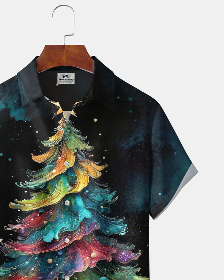 Alohadaddy® Holiday Christmas Tree Print Button-Front Short-Sleeve Cardigan Shirt with Pocket for Men